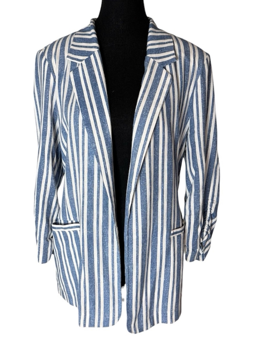 MEXX Lightweight Linen Blend Striped Open Front Blazer Jacket Nautical Sz Large